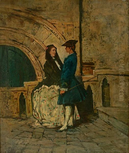 Junges Paar Im Habit Des 18. Jh. Vor Malerischem Gemauer Oil Painting by Giacomo Favretto