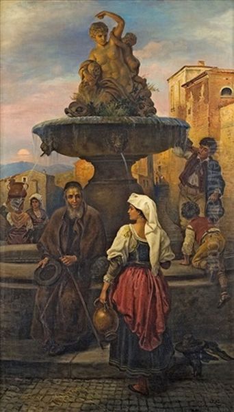 Junge Frau Und Bettler An Einem Romischen Brunnen Oil Painting by Josef Fay