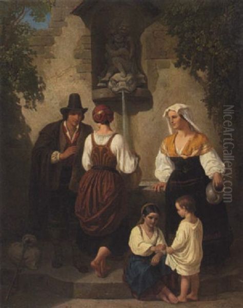 Italienischer Brunnen, Vor Dem Frauen, Kinder Und Ein Wanderer Beim Wasserschopfen Stehen Oil Painting by Josef Fay