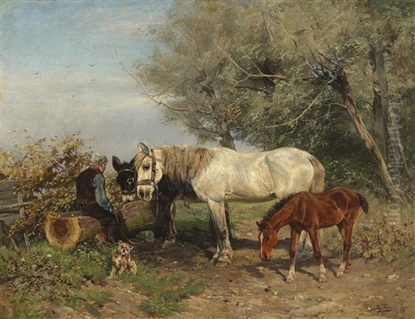 At The Drinking Trough Oil Painting by Ludwig Benno Fay