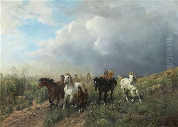 Horses In A Meadow Landscape Oil Painting by Ludwig Benno Fay