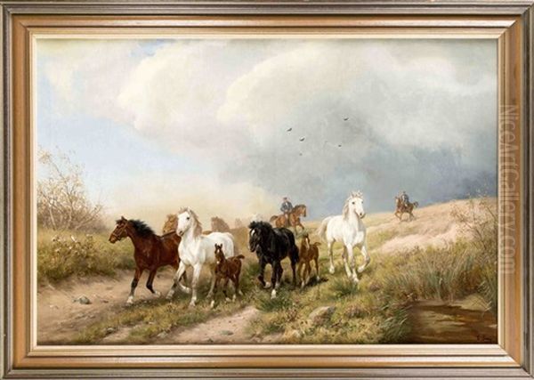 Eine Herde Von Wildpferden In Weiter Landschaft, Die Von Bauern Zusammengetrieben Wird Oil Painting by Ludwig Benno Fay