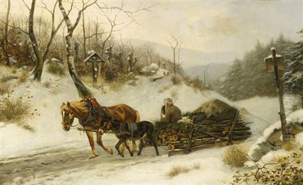 Winterwald Mit Einem Holzschlitten Oil Painting by Ludwig Benno Fay