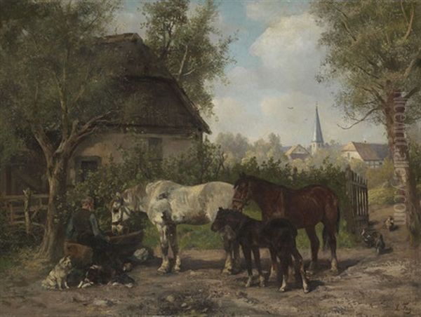 Pferde An Der Tranke Oil Painting by Ludwig Benno Fay