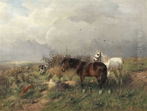 Landschaft Mit Zwei Pferden Und Jagdhund by Ludwig Benno Fay