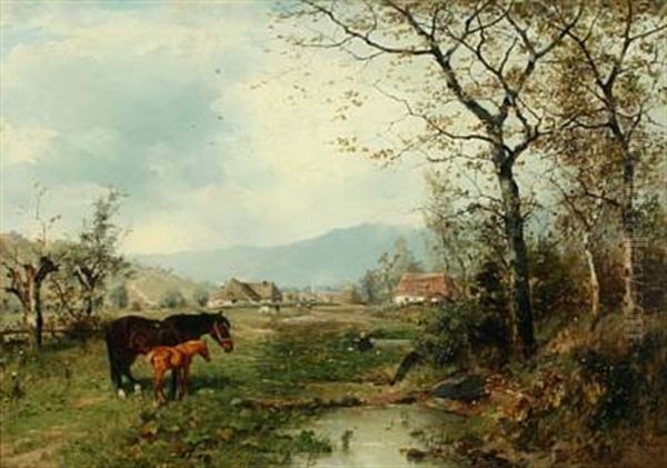 Autumn Landscape With Horses Near A Village Oil Painting by Ludwig Benno Fay