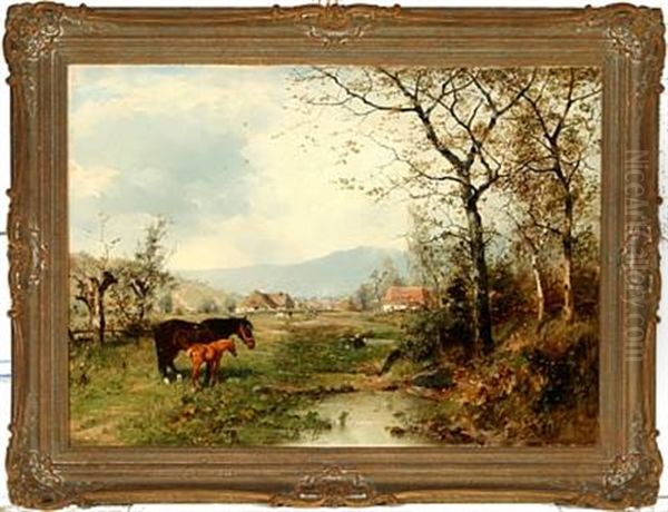 Autumn Landscape With Horses Near A Village Oil Painting by Ludwig Benno Fay