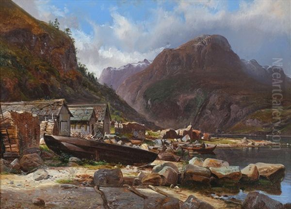 Fjordlandskap Med Bater Og Naust, Graven (granvin I Hardanger) Oil Painting by Thomas Fearnley