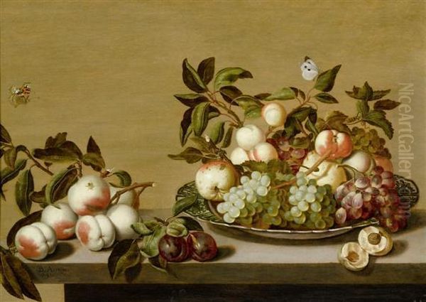 Fruit Still Life In A Porcelain Bowl On A Table With Insects. Oil Painting by Bartholomeus Assteyn