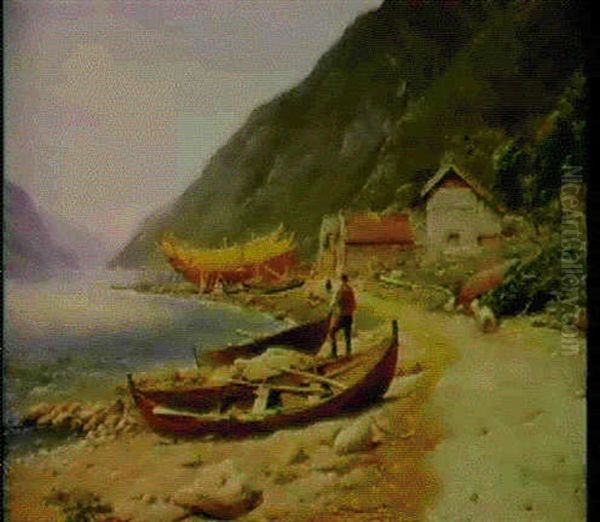 A Boatyard On Gravensfjord Oil Painting by Thomas Fearnley