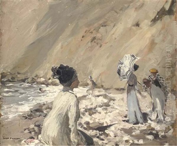 The Bathers (+ A Sketch Of A Bather Wrapped In A Checked Shawl, Under An Umbrella, Verso) Oil Painting by Hilda Fearon