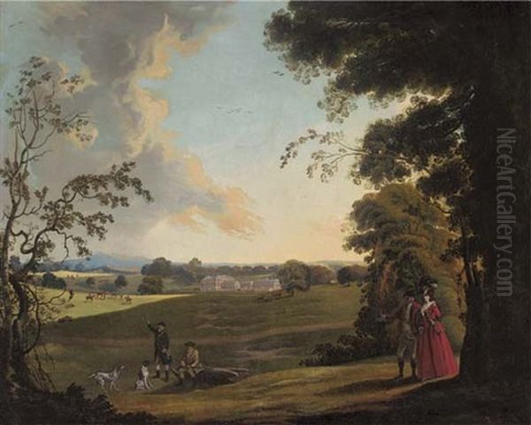 Elegant Figures And Huntsmen In An Extensive Landscape, With A Country House Beyond (waldershare Park, Kent?) Oil Painting by John Feary