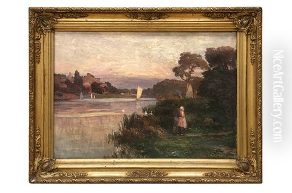 Stimmungsvolle Abendlandschaft Mit Liebespaar Oil Painting by Fritz Fechner