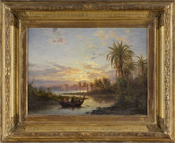 Orientalische Fluslandschaft Mit Stadtansicht Oil Painting by Fritz Fechner