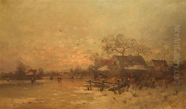 Abendliche Winterlandschaft Am See Oil Painting by Otto Fedder