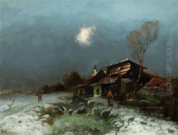 Winterlandschaft Mit Figurenstaffage Und Alter Kate Bei Mondschein Oil Painting by Otto Fedder