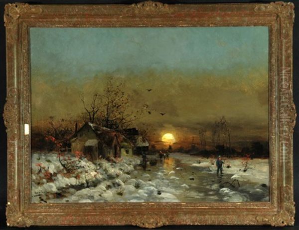 Abendstimmung Uber Weiter Winterlandschaft Mit Personen Und Windmuhlen Oil Painting by Otto Fedder