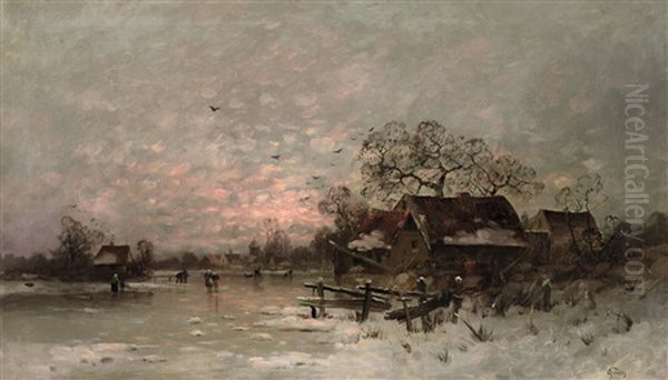 Abendliche Winterlandschaft Mit Figuren Auf Einem Zugefrorenen See Oil Painting by Otto Fedder