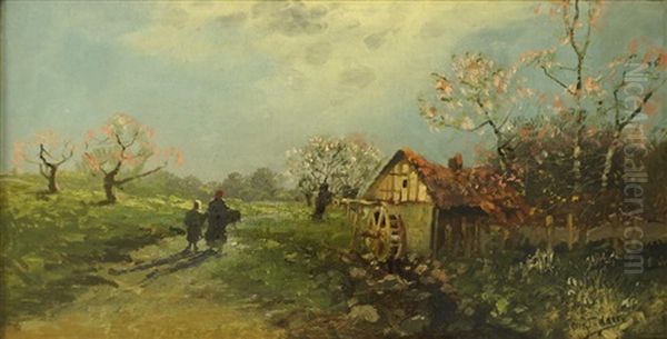 Fruhlingslandschaft Mit Muhle Und Personenstaffage Oil Painting by Otto Fedder