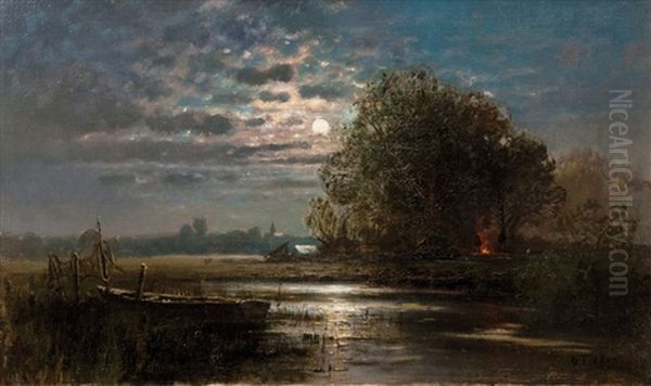 Moonlight Over The Coast Oil Painting by Otto Fedder