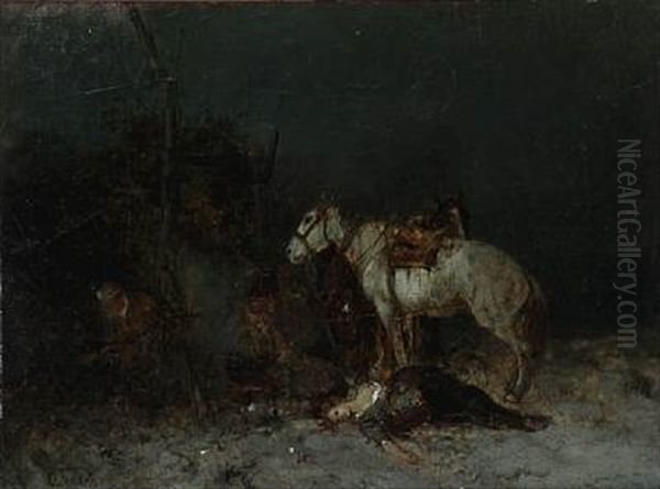 Night Scene With A Wounded Woman And Riders At A Fire Oil Painting by Otto Fedder