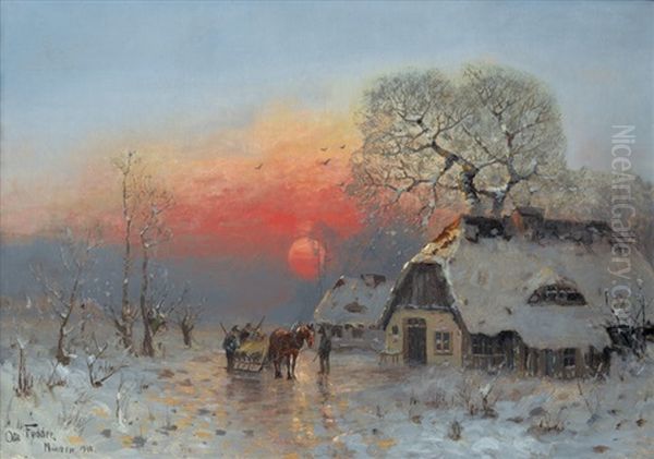 Winterliche Landschaft Mit Heimkehrenden Jagern Oil Painting by Otto Fedder