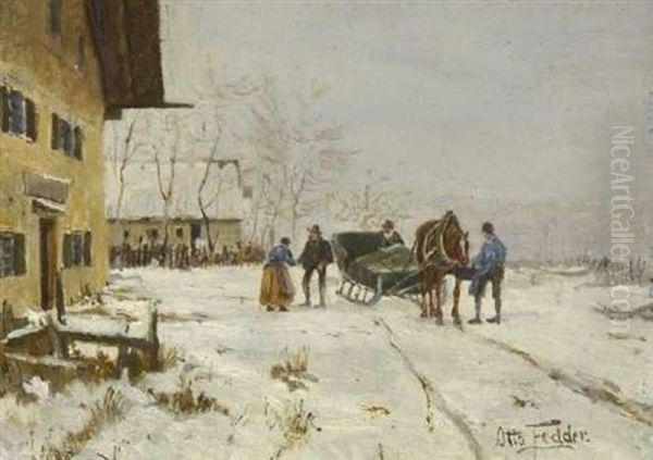 Halt Des Pferdeschlittens Vor Dem Bauernhaus Oil Painting by Otto Fedder