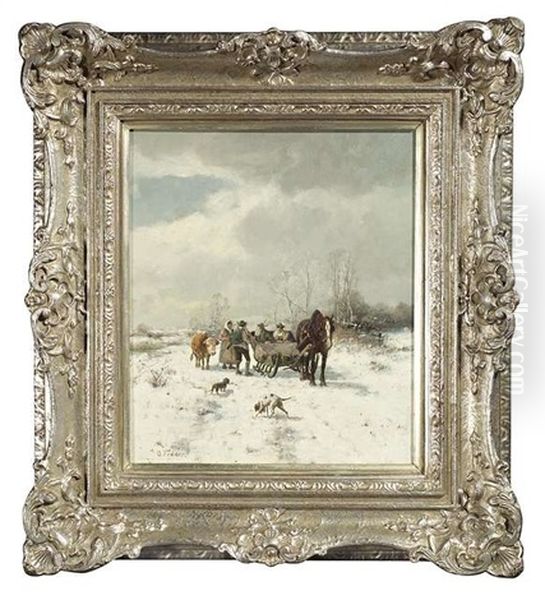 Winterliche Landschaft Mit Einem Pferdeschlitten Und Jagern Im Gesprach Oil Painting by Otto Fedder