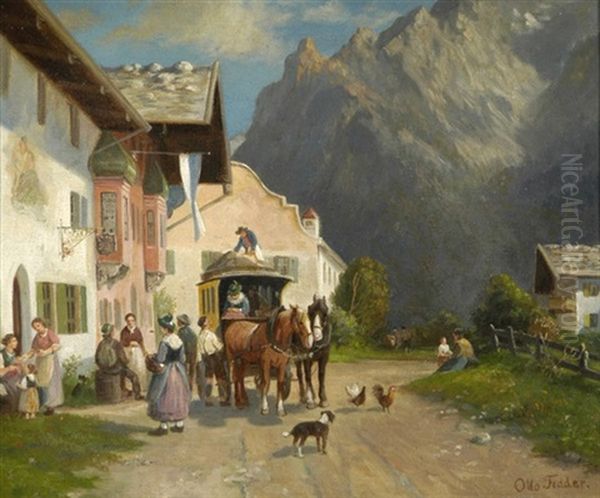 Dorfstrasse In Mittenwald Mt Blick Auf Die Karwendelspitze Oil Painting by Otto Fedder