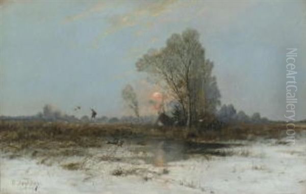 Aufsteigende Enten In Winterlicher Moorlandschaft Oil Painting by Otto Fedder