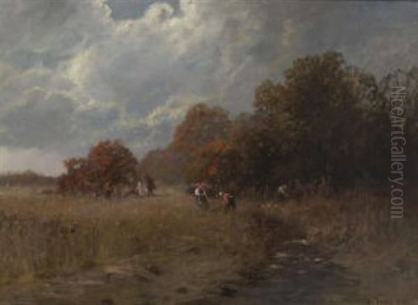 Reisigsammler In Herbstlicher Baumlandschaft Oil Painting by Otto Fedder