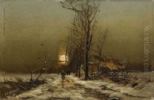 Winterlandschaft Mit Bauernhaus Und Wanderern Oil Painting by Otto Fedder