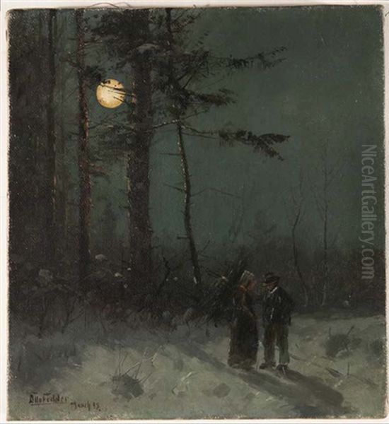 Paar Bei Nachtlichem Spaziergang Am Waldesrand Oil Painting by Otto Fedder