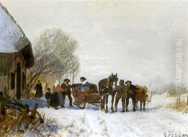 Pferdeschlitten Vor Dem Bauernhaus In Winterlandschaft by Otto Fedder