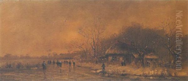 Wintervergnugen: Schlittschuhlaufer Auf Dem Zugefrorenen Teich Oil Painting by Otto Fedder