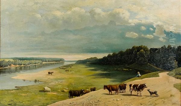 Cows In A Field Oil Painting by Julius Fedders