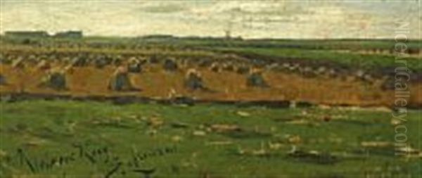 Landscape With Haystacks In Kleiseerkoog Oil Painting by Hans Peter Feddersen the Younger