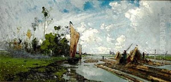 Segelboote Und Flosse Am Flussufer Oil Painting by Hans Peter Feddersen the Younger