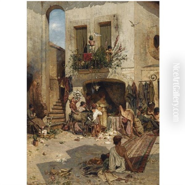 A Busy Italian Marketplace (piazza Tre Carreli) Oil Painting by Hans Peter Feddersen the Younger