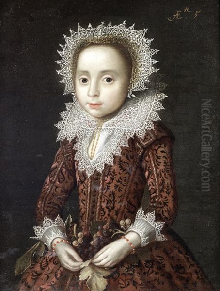 Portrait Of A Young Girl, Half-length, In A Red Embroidered Dress With Lace Collar, Cuffs And Headdress, Holding A Bunch Of Grapes Oil Painting by Pieter (van Harlingen) Feddes