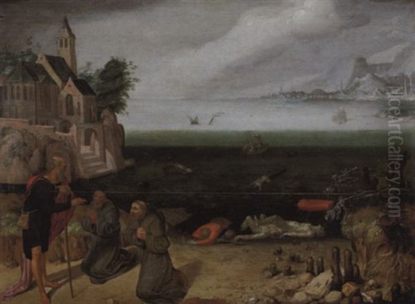 Moine Remerciant Un Saint Apres Un Naufrage Oil Painting by Pieter (van Harlingen) Feddes