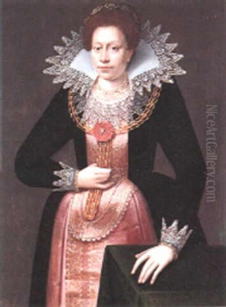 Portrait Of A Lady (member Of The Rippenda Family?) Standing Three-quarter Length Beside A Table Oil Painting by Pieter (van Harlingen) Feddes