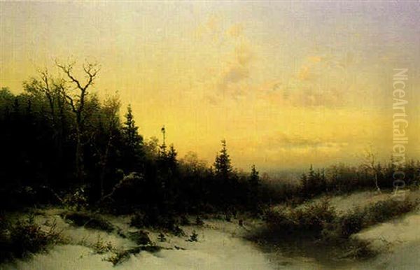 Figures In A Winter Landscape Oil Painting by Carl Fedeler