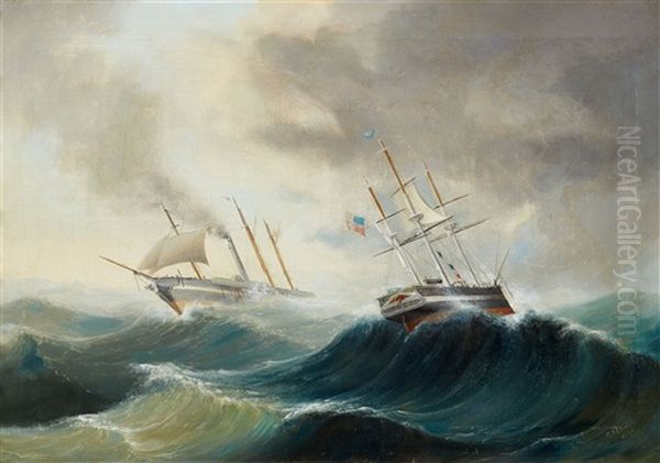 Zwei Schiffe Auf Sturmischer See Oil Painting by Carl Justus Harmen Fedeler