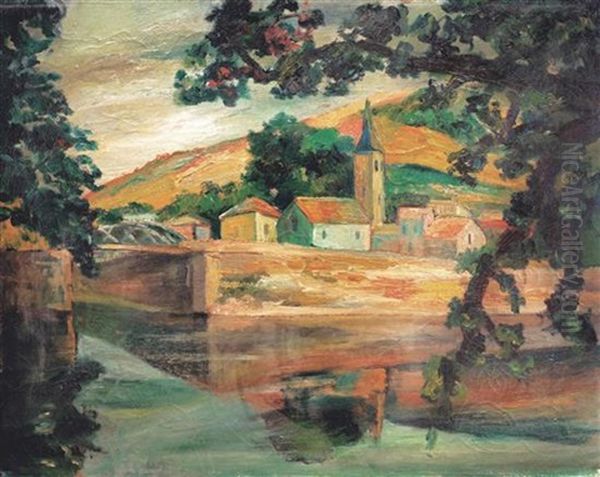 Country Village By Riverside Oil Painting by Adolphe Aizik Feder