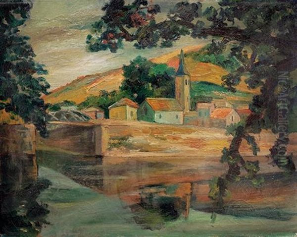 Country Village By Riverside Oil Painting by Adolphe Aizik Feder