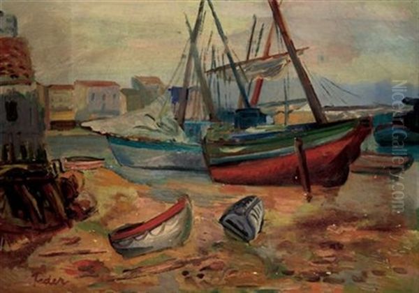 Bateaux Au Port A Maree Basse Oil Painting by Adolphe Aizik Feder