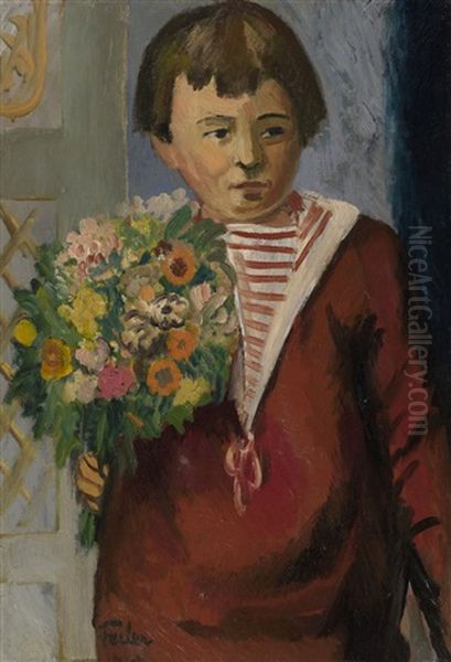 Boy With Flowers Oil Painting by Adolphe Aizik Feder