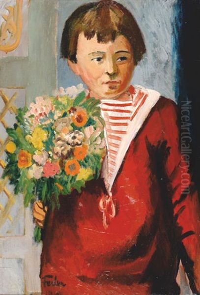 A Girl With Flowers Oil Painting by Adolphe Aizik Feder