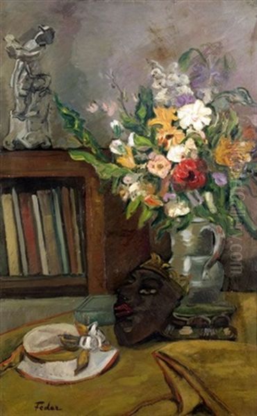 Still Life With Flowers And A Mask Oil Painting by Adolphe Aizik Feder